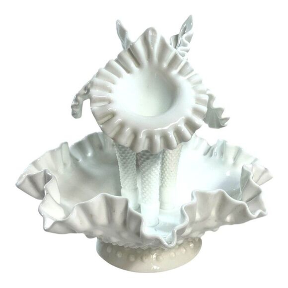 Vintage Fenton Hobnail White Milk Glass Triple Epergne Trumpet Vase REPAIRED - Picture 3 of 7